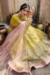 Shop_Lashkaraa_Yellow Net Sequins, Zari, Embroidery Round Neck Floral Lehenga Set _Online_at_Aza_Fashions