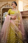 Lashkaraa_Yellow Net Sequins, Zari, Embroidery Round Neck Floral Lehenga Set _at_Aza_Fashions