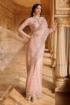 Buy_Lashkaraa_Pink Net Embroidery, Sequins, Zari Round Neck Floral Scallop Hem Saree _at_Aza_Fashions