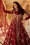 Shop_Lashkaraa_Maroon Georgette, Net, Satin Zari, Sequins Floral Embroidered Anarkali Set _Online_at_Aza_Fashions