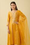 Basanti - Kapde Aur Koffee Yellow Cotton, Chanderi Embroidery, Mirrors Split Abstract A-line Kurta Set Online at Aza Fashions Basanti - Kapde Aur Koffee_Yellow Cotton, Chanderi Embroidery, Mirrors Split Abstract A-line Kurta Set_Online_at_Aza_Fashions