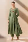 Buy_Basanti - Kapde Aur Koffee_Green Cotton Embroidery, Sequins Collared Floral Anarkali And Pant Set_at_Aza_Fashions