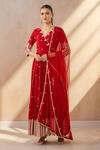 Buy Preevin Red Chiffon Embroidery, Beads V-neck Leaf Angarkha Kurta Set at Aza Fashions Buy_Preevin_Red Chiffon Embroidery, Beads V-neck Leaf Angarkha Kurta Set_at_Aza_Fashions
