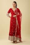 Preevin Red Chiffon Embroidery, Beads V-neck Leaf Angarkha Kurta Set at Aza Fashions Preevin_Red Chiffon Embroidery, Beads V-neck Leaf Angarkha Kurta Set_at_Aza_Fashions