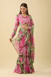 Sanam_Green Chiffon Zari Floral Bloom Print Ruffle Pre-draped Saree_Online_at_Aza_Fashions