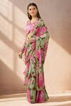 Buy_Sanam_Green Chiffon Zari Floral Bloom Print Ruffle Pre-draped Saree_at_Aza_Fashions