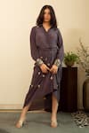 Buy_House Of Inari_Gray Silk Embroidery Collared Bee Shirt And Draped Skirt Set _at_Aza_Fashions