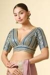 Samyukta Singhania_Blue Silk Embroidery V-neck Geometric Blouse _Online_at_Aza_Fashions