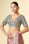 Buy_Samyukta Singhania_Blue Silk Embroidery V-neck Geometric Blouse _Online_at_Aza_Fashions