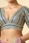 Shop_Samyukta Singhania_Blue Silk Embroidery V-neck Geometric Blouse _Online_at_Aza_Fashions