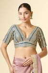 Samyukta Singhania_Blue Silk Embroidery V-neck Geometric Blouse _at_Aza_Fashions
