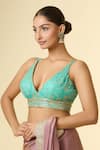 Buy_Samyukta Singhania_Blue Silk Zari, Sequins Plunge Neck Floral Vine Embroidered Blouse _Online_at_Aza_Fashions