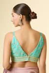 Shop_Samyukta Singhania_Blue Silk Zari, Sequins Plunge Neck Floral Vine Embroidered Blouse _at_Aza_Fashions