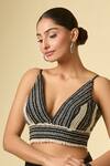 Buy_Samyukta Singhania_Black Cotton Plunge Neck Geometric Pattern Blouse _Online_at_Aza_Fashions