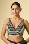 Shop_Samyukta Singhania_Black Cotton Plunge Neck Geometric Pattern Blouse _Online_at_Aza_Fashions