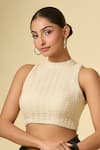 Samyukta Singhania_Off White Cotton Lace High Neck Embellished Blouse _Online_at_Aza_Fashions
