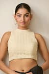 Buy_Samyukta Singhania_Off White Cotton Lace High Neck Embellished Blouse _at_Aza_Fashions