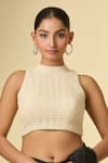 Shop_Samyukta Singhania_Off White Cotton Lace High Neck Embellished Blouse _Online_at_Aza_Fashions