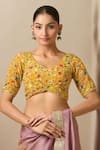 Buy_Samyukta Singhania_Yellow Silk Beads, Embroidery Floral Vine Print Blouse _at_Aza_Fashions
