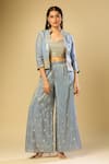 Buy_Samyukta Singhania_Blue Silk, Crepe Sequins, Zari, Embroidery, Mirrors Open Jacket And Palazzo Set_Online_at_Aza_Fashions