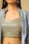 Samyukta Singhania_Blue Silk, Crepe Sequins, Zari, Embroidery, Mirrors Open Jacket And Palazzo Set_at_Aza_Fashions
