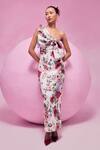 Buy_July Issue_White Cotton Satin Asymmetric Floral Print One-shoulder Bow Detail Dress _at_Aza_Fashions