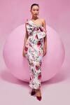 July Issue_White Cotton Satin Asymmetric Floral Print One-shoulder Bow Detail Dress _Online_at_Aza_Fashions