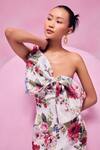 Buy_July Issue_White Cotton Satin Asymmetric Floral Print One-shoulder Bow Detail Dress _Online_at_Aza_Fashions