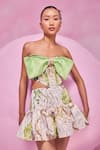 Shop_July Issue_Green Cotton Satin Sweetheart Neck Floral Print Strapless Top And Skirt Set _Online_at_Aza_Fashions