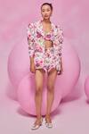 Buy_July Issue_Pink Cotton Open Neck Floral Print Jacket And Bandeau Shorts Set _at_Aza_Fashions