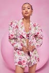 July Issue_Pink Cotton Open Neck Floral Print Jacket And Bandeau Shorts Set _Online_at_Aza_Fashions