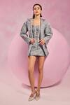 Buy_July Issue_Gray Faux Leather Square Neck Textured Blazer Skirt Set _at_Aza_Fashions