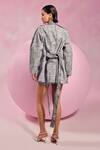 Shop_July Issue_Gray Faux Leather Square Neck Textured Blazer Skirt Set _at_Aza_Fashions