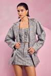 July Issue_Gray Faux Leather Square Neck Textured Blazer Skirt Set _Online_at_Aza_Fashions