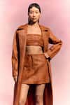 Buy_July Issue_Brown Faux Leather Collared Textured Jacket And Skirt Set _Online_at_Aza_Fashions