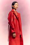 July Issue_Red Faux Leather Off-shoulder, Collared Dress And Trench Jacket Set _Online_at_Aza_Fashions