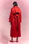 Shop_July Issue_Red Faux Leather Off-shoulder, Collared Dress And Trench Jacket Set _at_Aza_Fashions