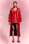 Buy_July Issue_Red Faux Leather Off-shoulder, Collared Dress And Trench Jacket Set _at_Aza_Fashions