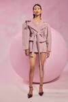 Buy_July Issue_Pink Wool V-neck Peplum Jacket And Skirt Set _at_Aza_Fashions