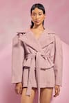 Buy_July Issue_Pink Wool V-neck Peplum Jacket And Skirt Set _Online_at_Aza_Fashions