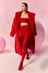 Buy_July Issue_Red Faux Leather Shawl , Square Fur Jacket And Skirt Set _at_Aza_Fashions