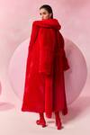 Shop_July Issue_Red Faux Leather Shawl , Square Fur Jacket And Skirt Set _at_Aza_Fashions