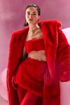 July Issue_Red Faux Leather Shawl , Square Fur Jacket And Skirt Set _at_Aza_Fashions