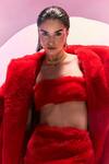 Buy_July Issue_Red Faux Leather Shawl , Square Fur Jacket And Skirt Set 