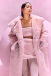 July Issue_Pink Faux Leather Shawl , Bandeau Fur Long Jacket And Skirt Set _at_Aza_Fashions