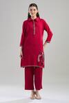 Buy Naintara Bajaj Red Polyester Embroidery Shawl Neck Seed Bead Kurta Set at Aza Fashions Buy_Naintara Bajaj_Red Polyester Embroidery Shawl Neck Seed Bead Kurta Set _at_Aza_Fashions