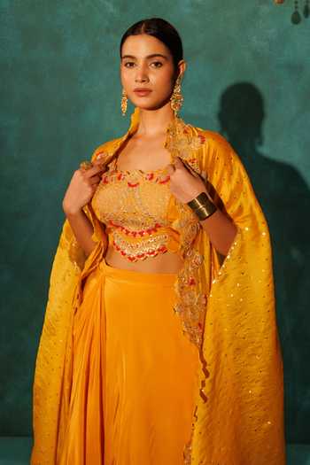 Vinita Bhansali_Yellow Silk, Crepe Sequins, Embroidery Round Neck Saraswati Cape Set _Online_at_Aza_Fashions