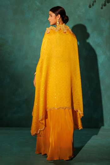 Shop_Vinita Bhansali_Yellow Silk, Crepe Sequins, Embroidery Round Neck Saraswati Cape Set _at_Aza_Fashions