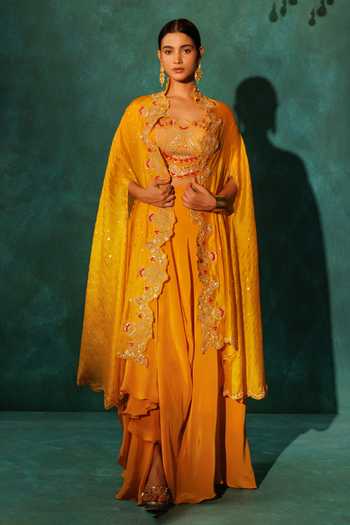 Buy_Vinita Bhansali_Yellow Silk, Crepe Sequins, Embroidery Round Neck Saraswati Cape Set _at_Aza_Fashions