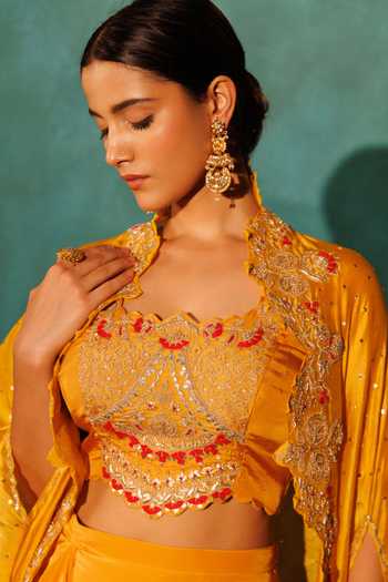 Shop_Vinita Bhansali_Yellow Silk, Crepe Sequins, Embroidery Round Neck Saraswati Cape Set _Online_at_Aza_Fashions